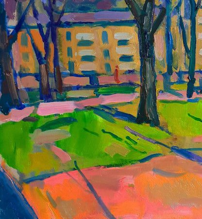 Vibrant impressionist oil painting of urban park by Pavel Dobrev