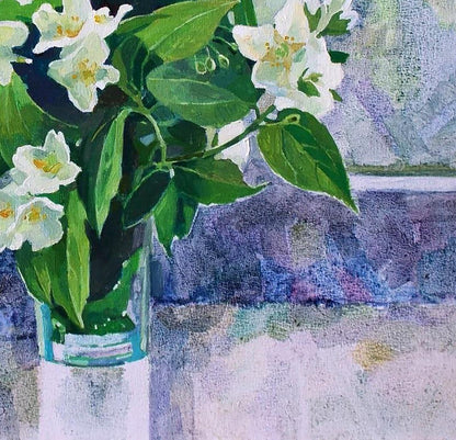 Oil painting of white jasmine bouquet in glass vase by Anastasia Yaroshevich