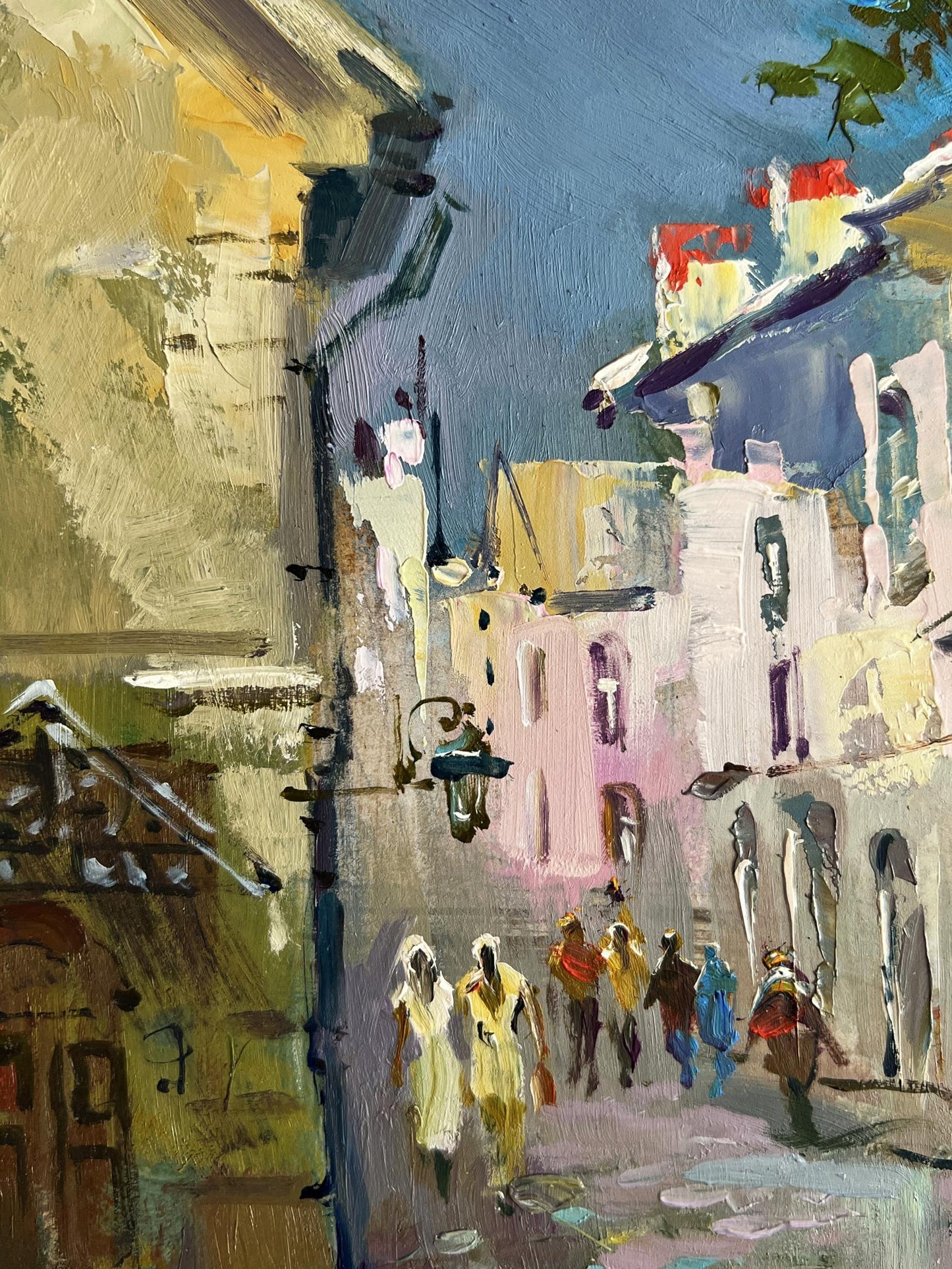 Vibrant impressionist oil painting by Yuriy Suprunchuk of sunlit European alleyway