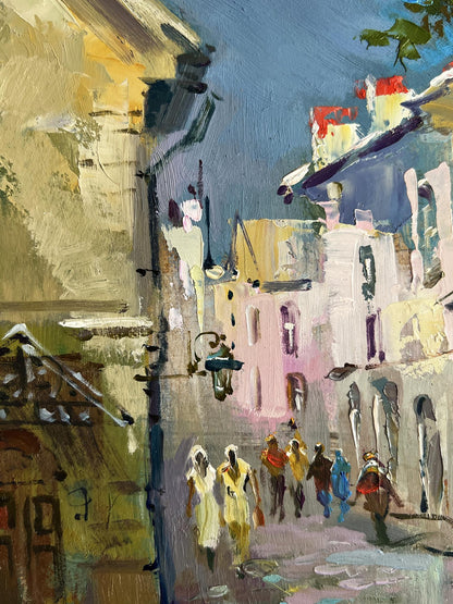 Vibrant impressionist oil painting by Yuriy Suprunchuk of sunlit European alleyway
