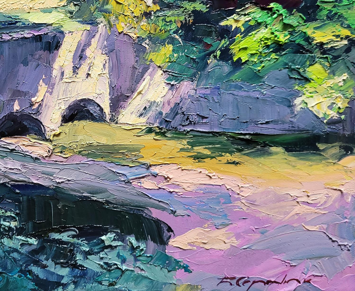 Vibrant impressionist oil painting Dam by Boris Serdyuk, textured waterfall