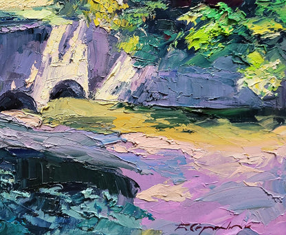 Vibrant impressionist oil painting Dam by Boris Serdyuk, textured waterfall