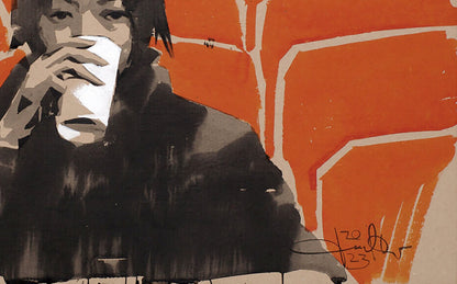 Stylized black-and-white moviegoer Dima Filatov holding cup on orange brick wall acrylic painting