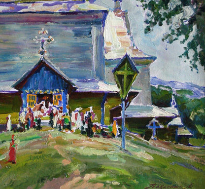 Oil painting Holiday by Leonid Pavlenko: vibrant blue wooden church