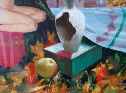 Cracked white ceramic vase on green base in Golden autumn painting by Anatoly Tarabanov