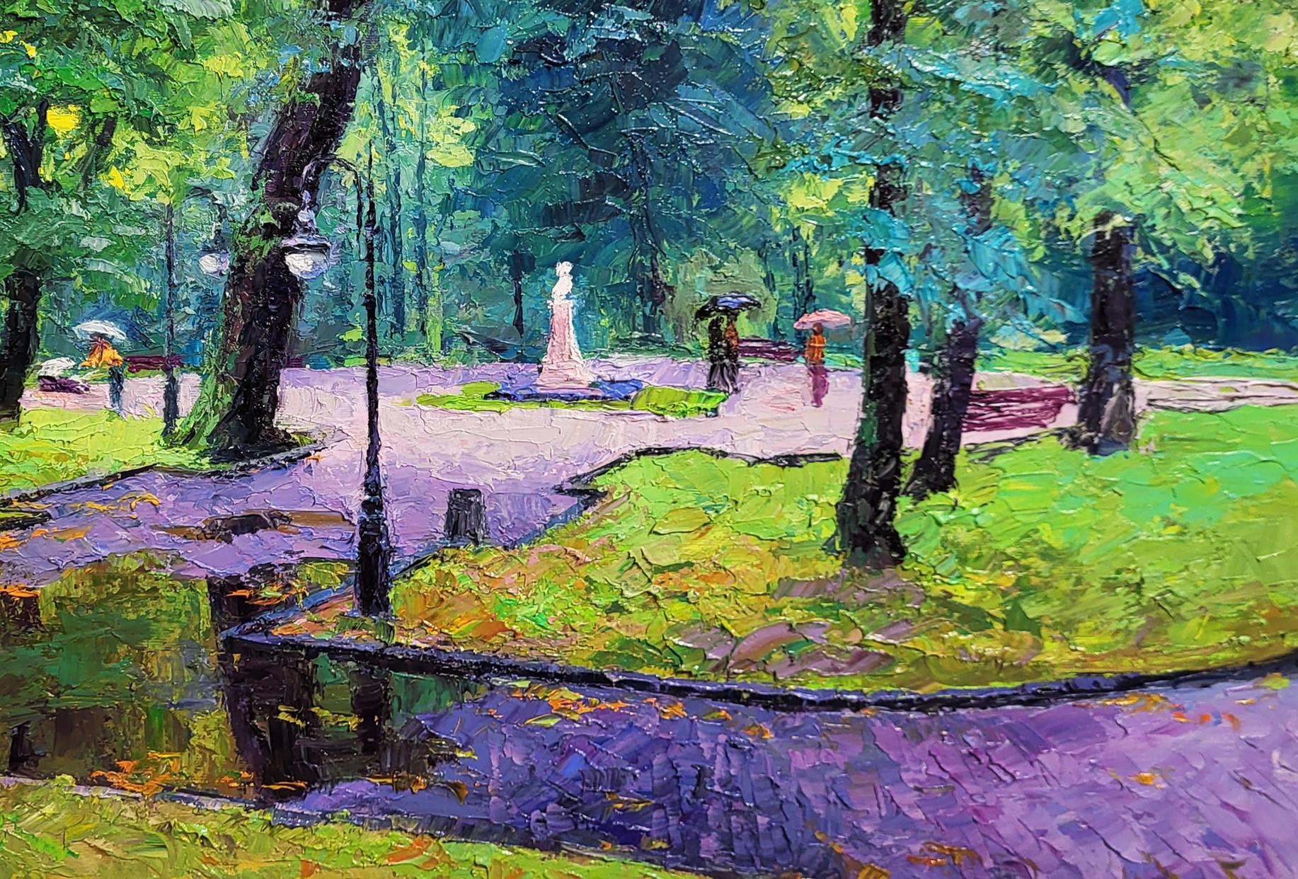 Vibrant impressionist oil painting of city park by Boris Serdyuk