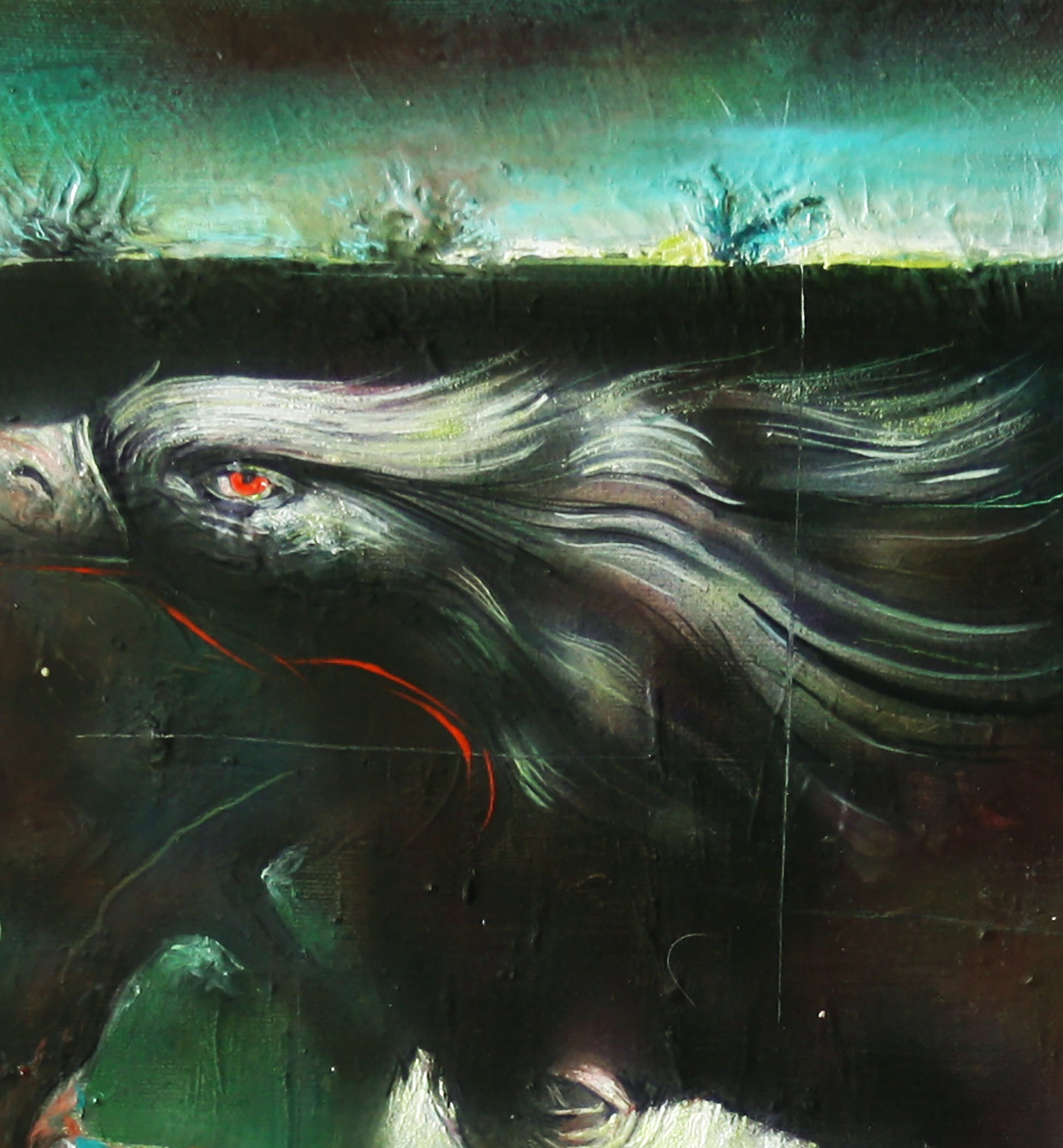 Oil painting Mechanics Alexander Dobrodiy: creature with silver hair, red eye