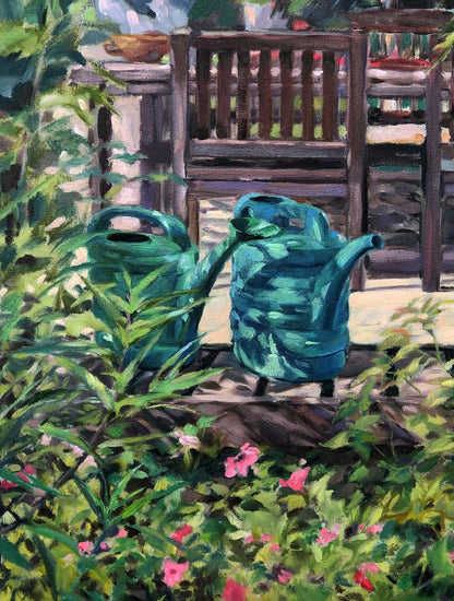 Oil painting Relaxing in the Garden by Oksana Osnach: two teal watering cans on stone amid foliage