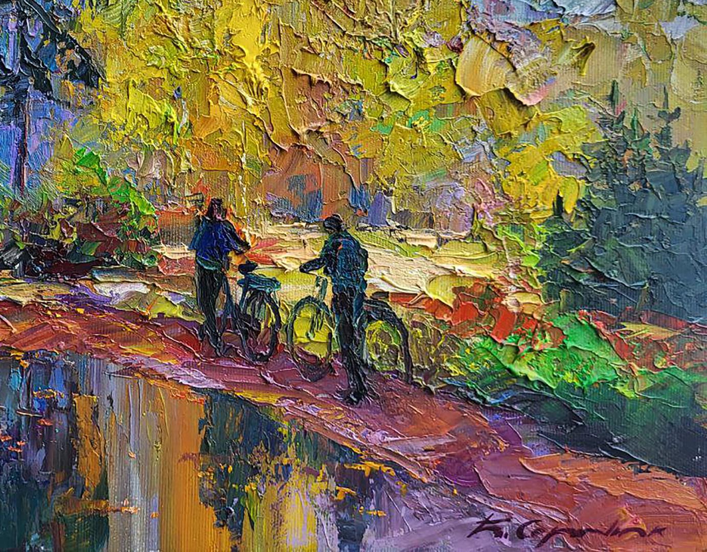 Vibrant oil painting of Mushroom Pickers by Boris Serdyuk with bicycles under foliage