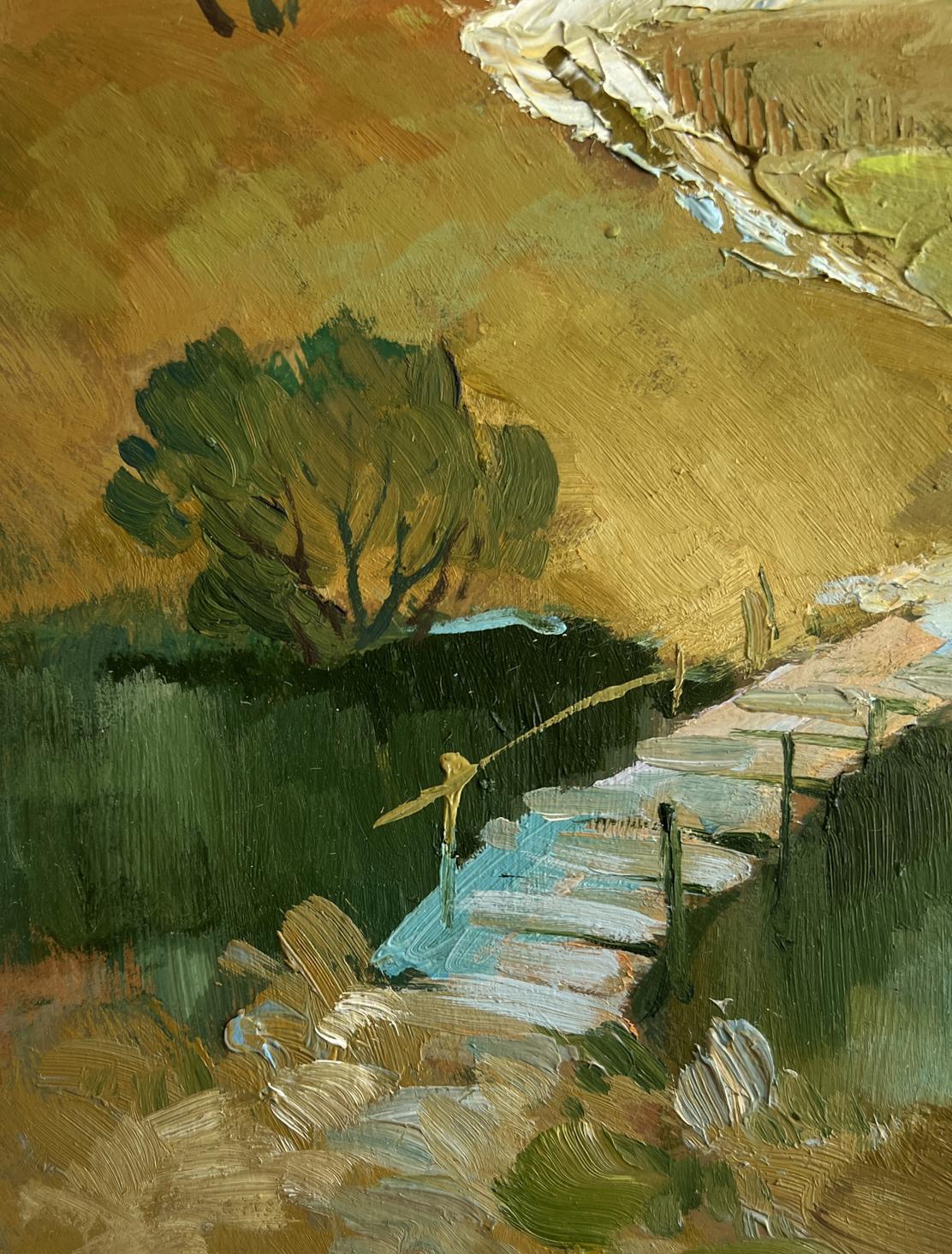Oil painting Path along the village by Yuriy Suprunchuk rustic wooden bridge