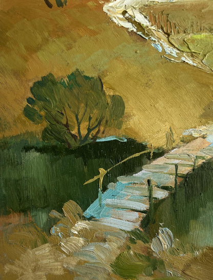 Oil painting Path along the village by Yuriy Suprunchuk rustic wooden bridge