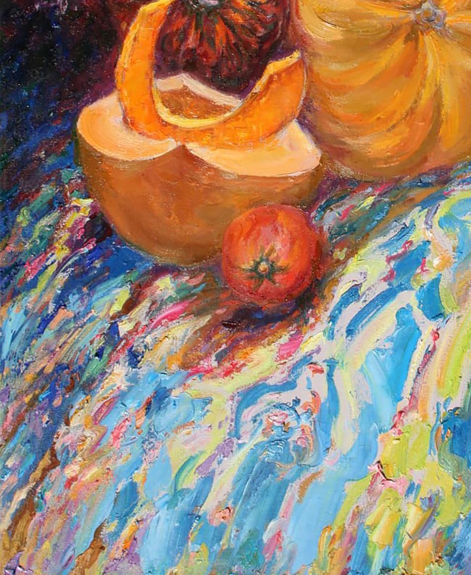 Oil painting The moon has risen by Leonid Pavlenko with orange pumpkin and red tomato