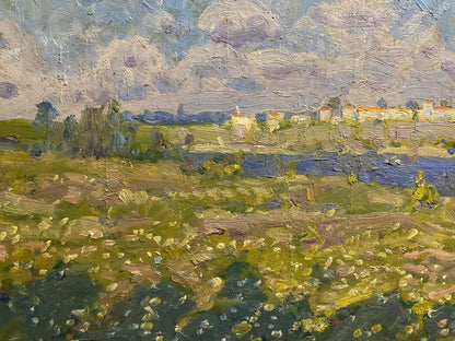 Oil painting of sunlit yellow flowers by Georgy Kolosovsky