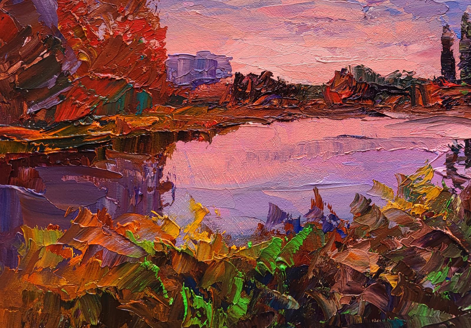 Vibrant impressionist oil painting of sunset over river by Boris Serdyuk