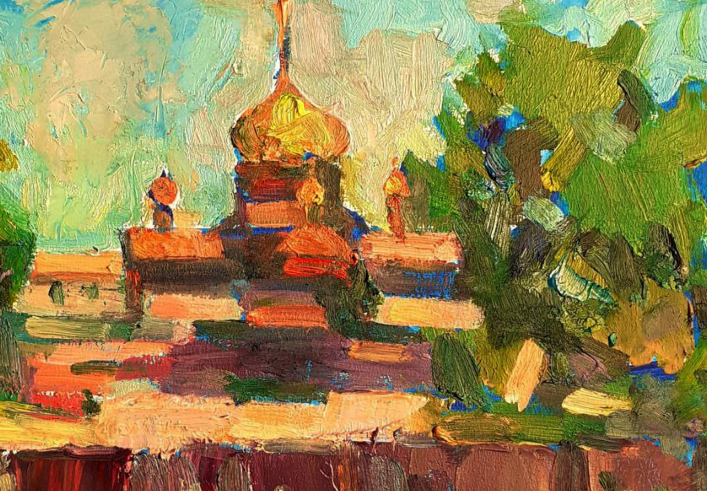 Vibrant impressionistic oil painting of Pavel Dobrev golden-domed R. Orthodox church in lush landscape