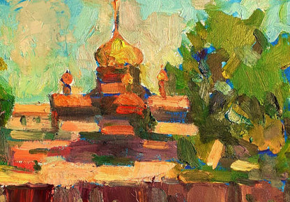 Vibrant impressionistic oil painting of Pavel Dobrev golden-domed R. Orthodox church in lush landscape