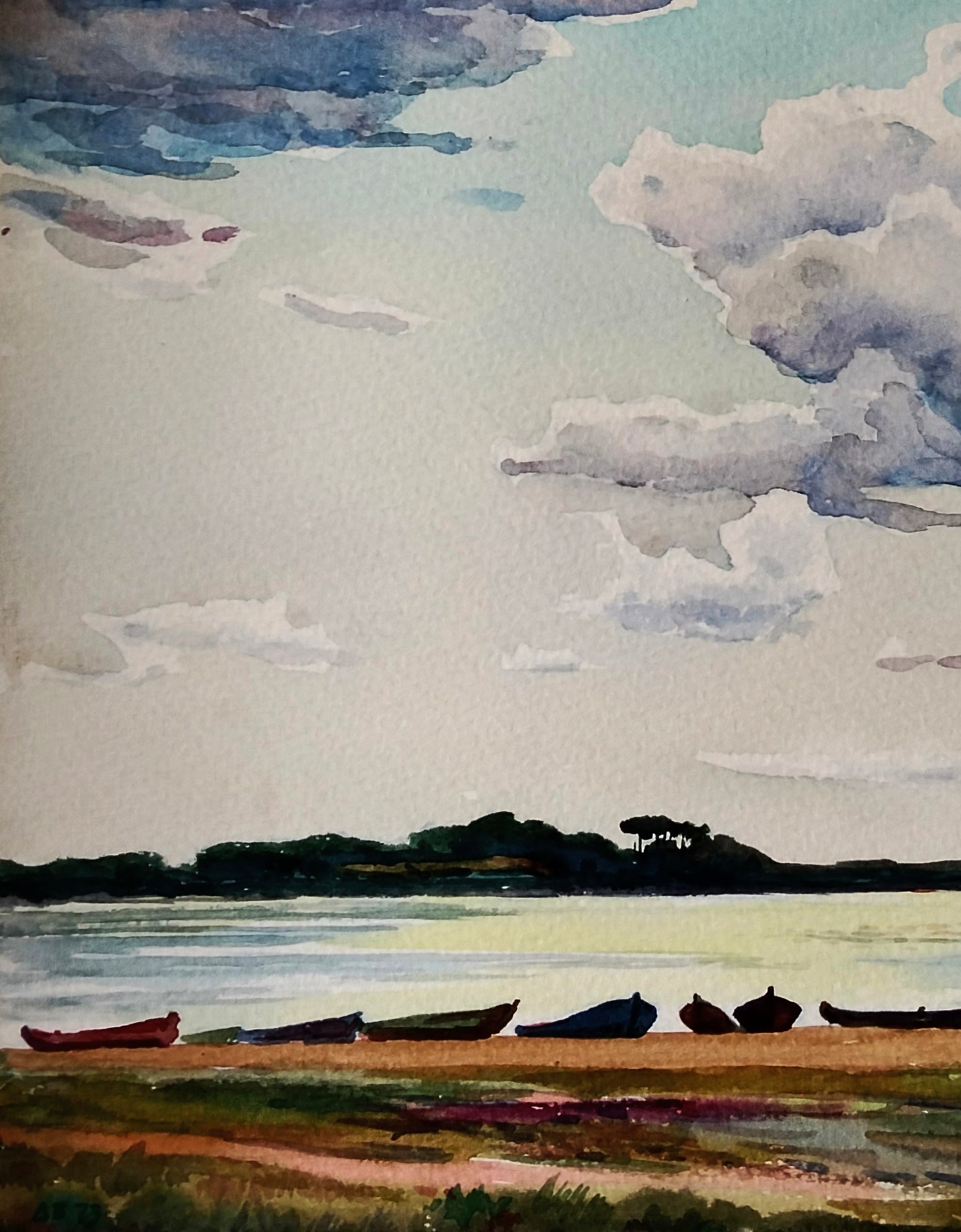 Watercolor painting of boats on shore by Vitaly Duhnevich