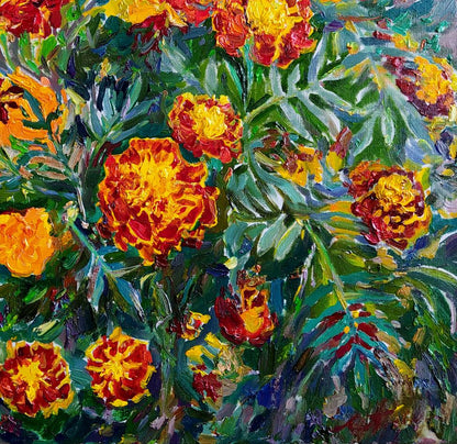Vibrant orange yellow marigolds by Leonid Pavlenko oil painting