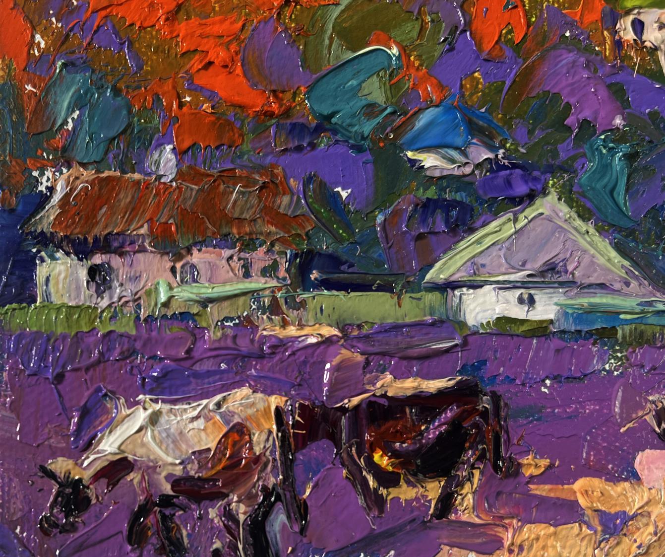Vibrant impressionist oil painting of cows in purple field by Oleksiy Ivanyuk