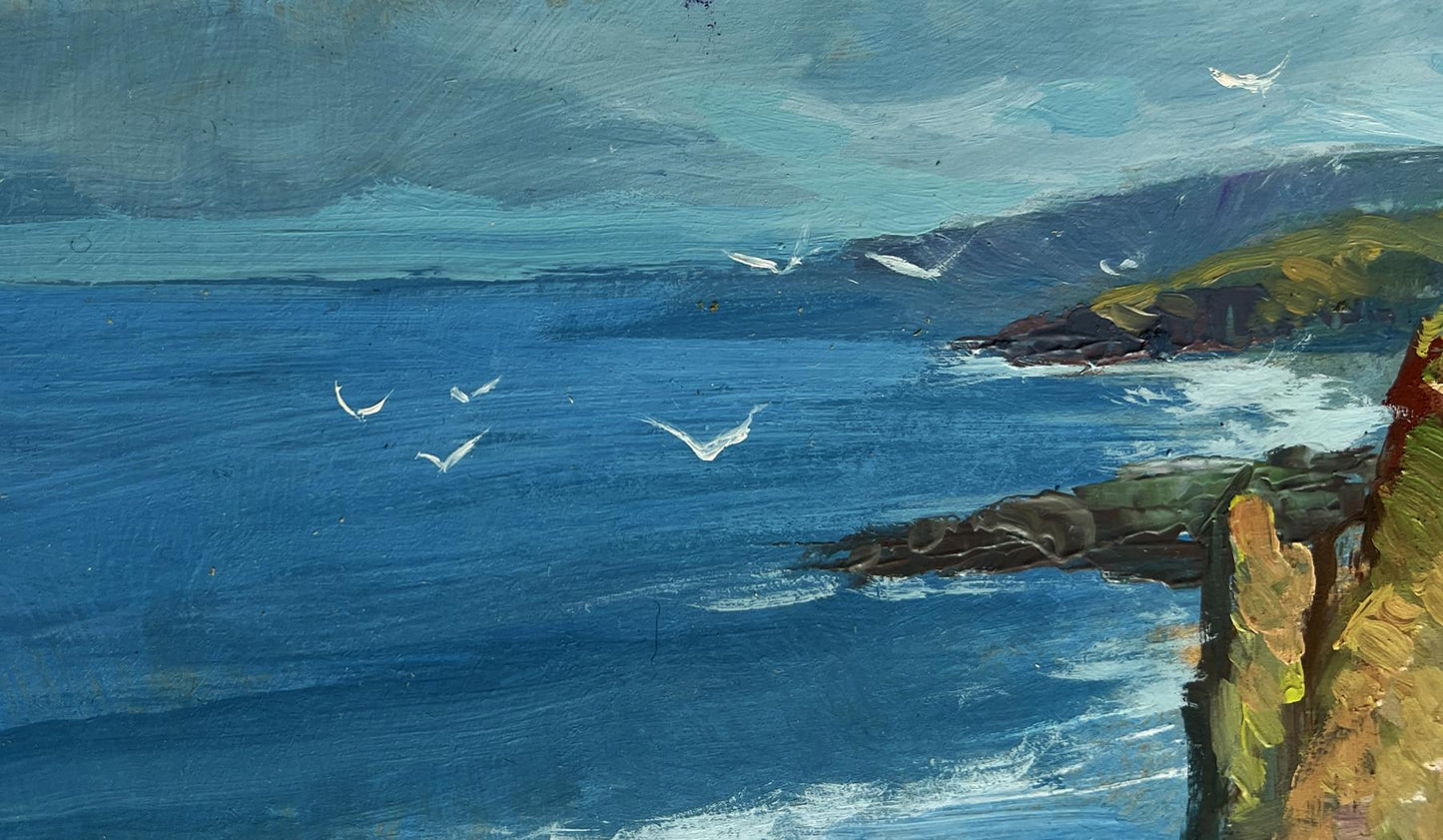 Oil painting by Yuriy Suprunchuk: waves crashing on rugged cliffs