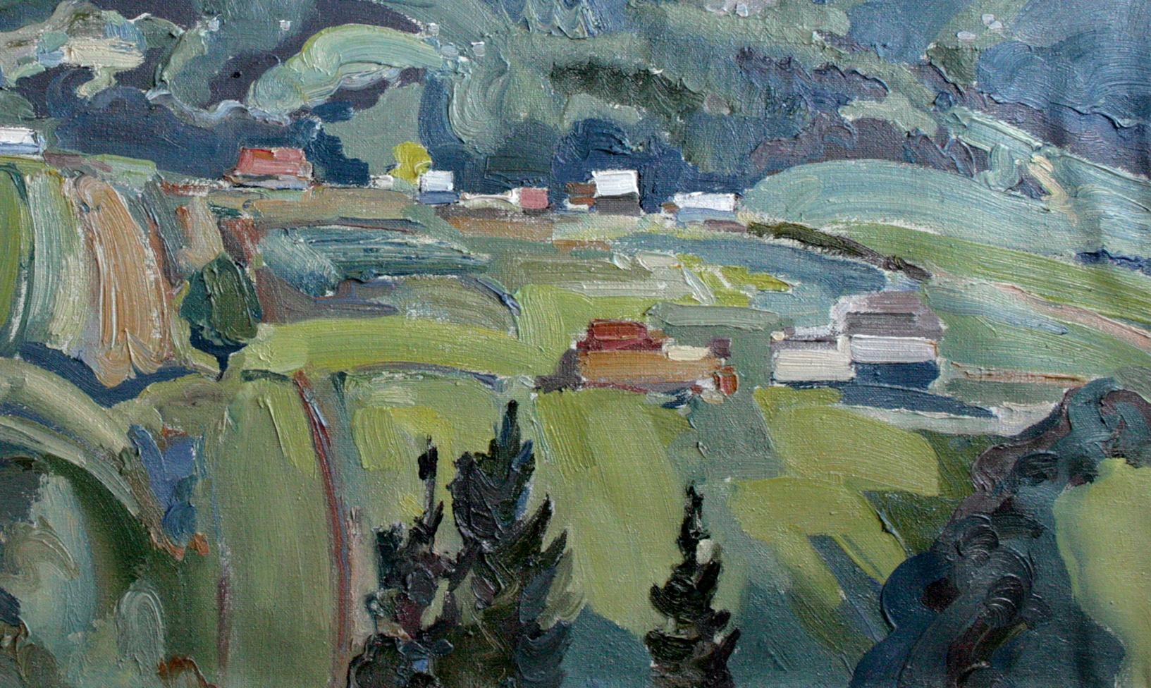 Oil painting Malachite Mountains by Leonid Pavlenko, vibrant impressionist countryside