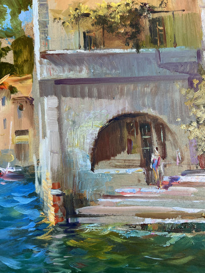 Oil painting Coastal Comfort by Yuriy Suprunchuk: stone bridge over blue water