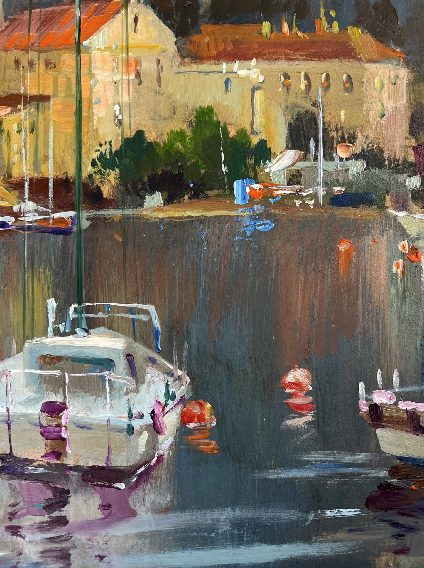 Oil painting Between the sea and the sky by Yuriy Suprunchuk: white sailboat in harbor