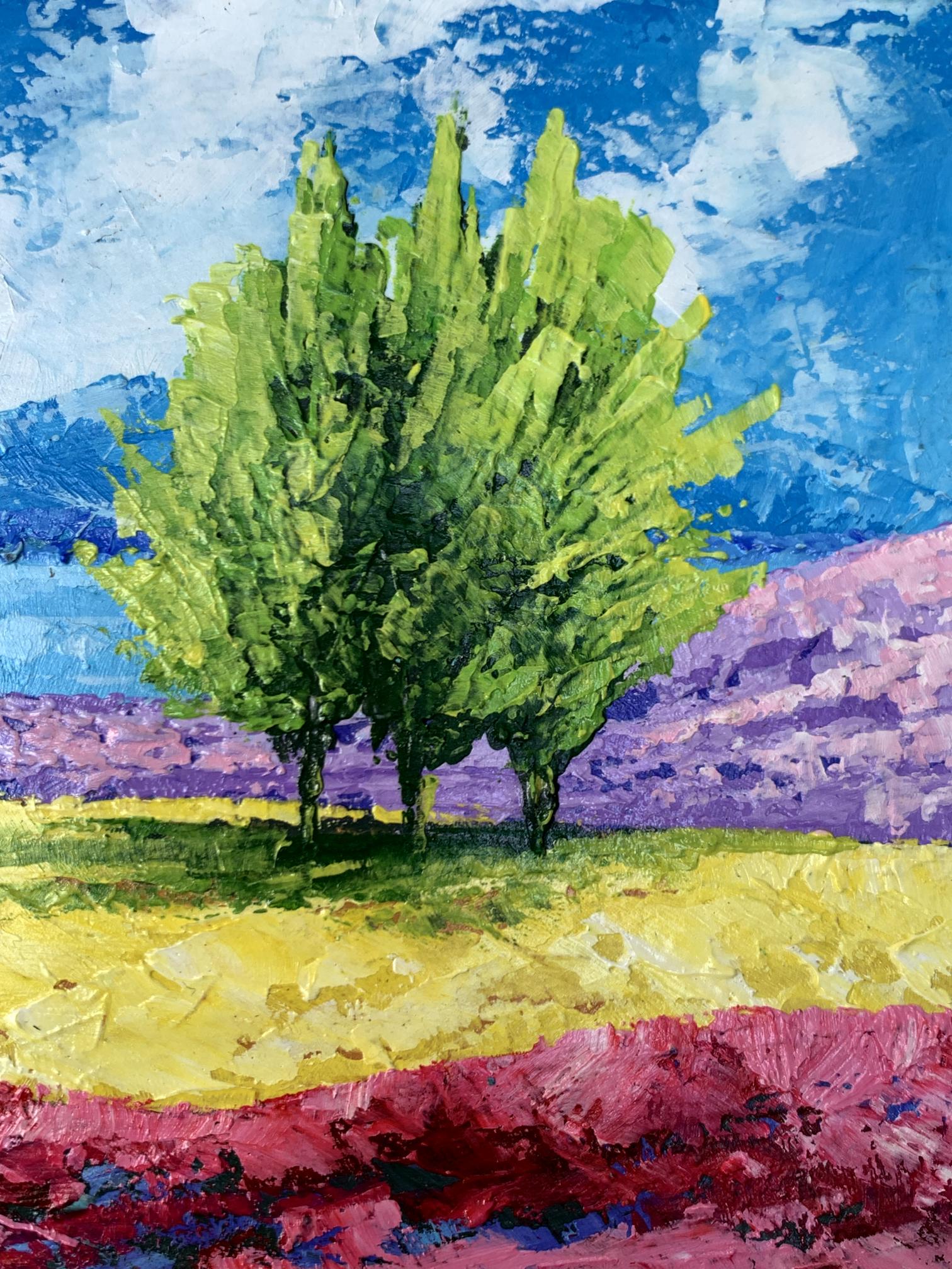 Impressionistic oil painting of mountain lake, three trees by V. Zadorozhnya