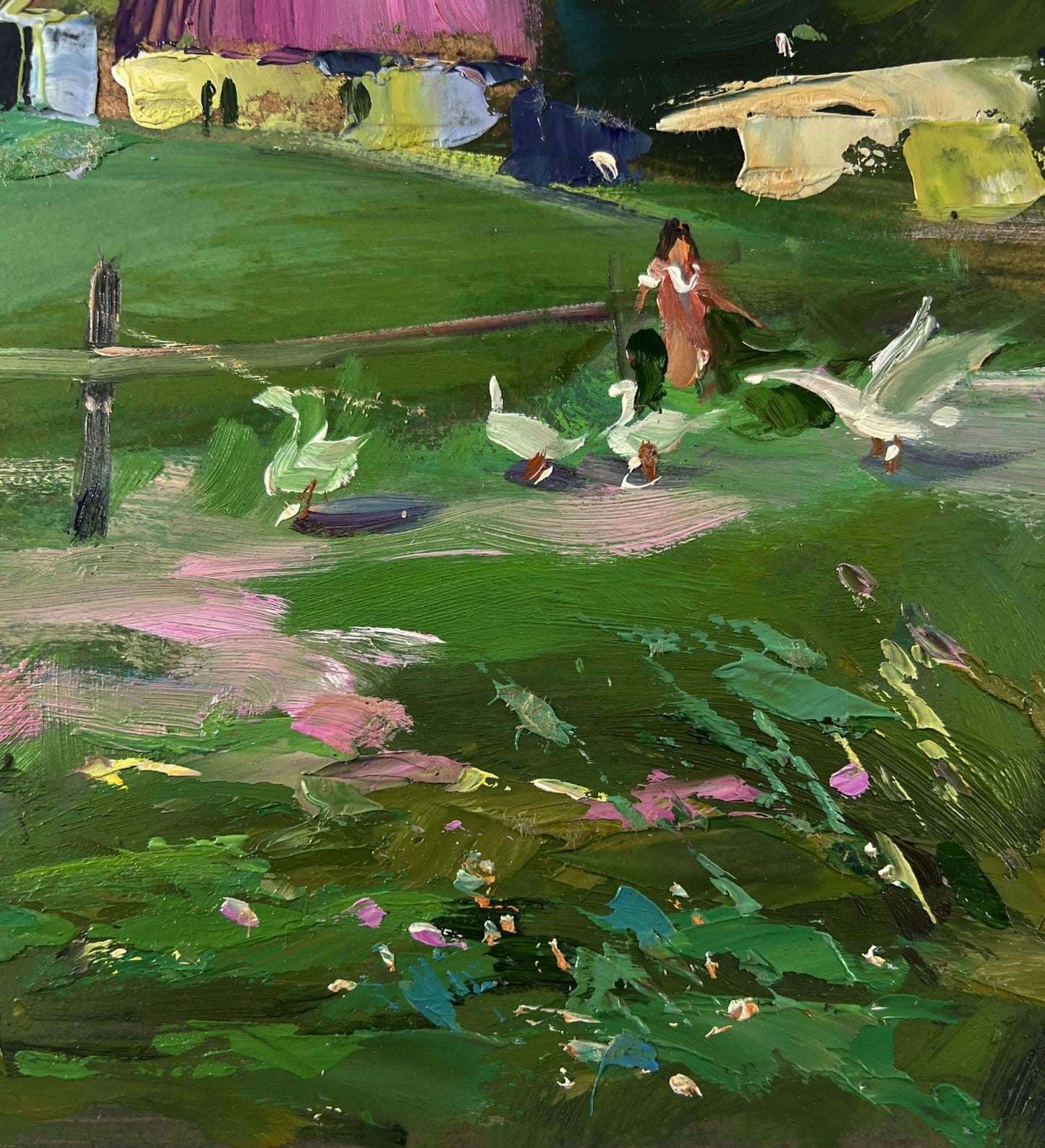 Vibrant impasto oil painting of child in pink dress with ducks in green field by Yuriy Suprunchuk