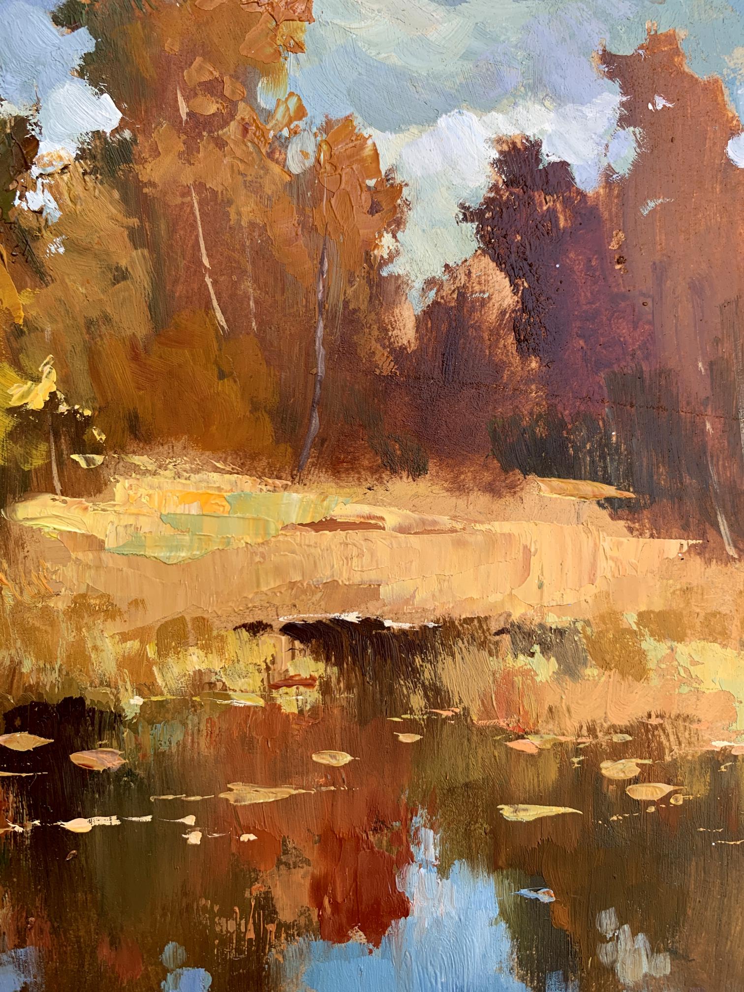 Golden autumn oil painting by Yuriy Suprunchuk with trees reflected in gentle river