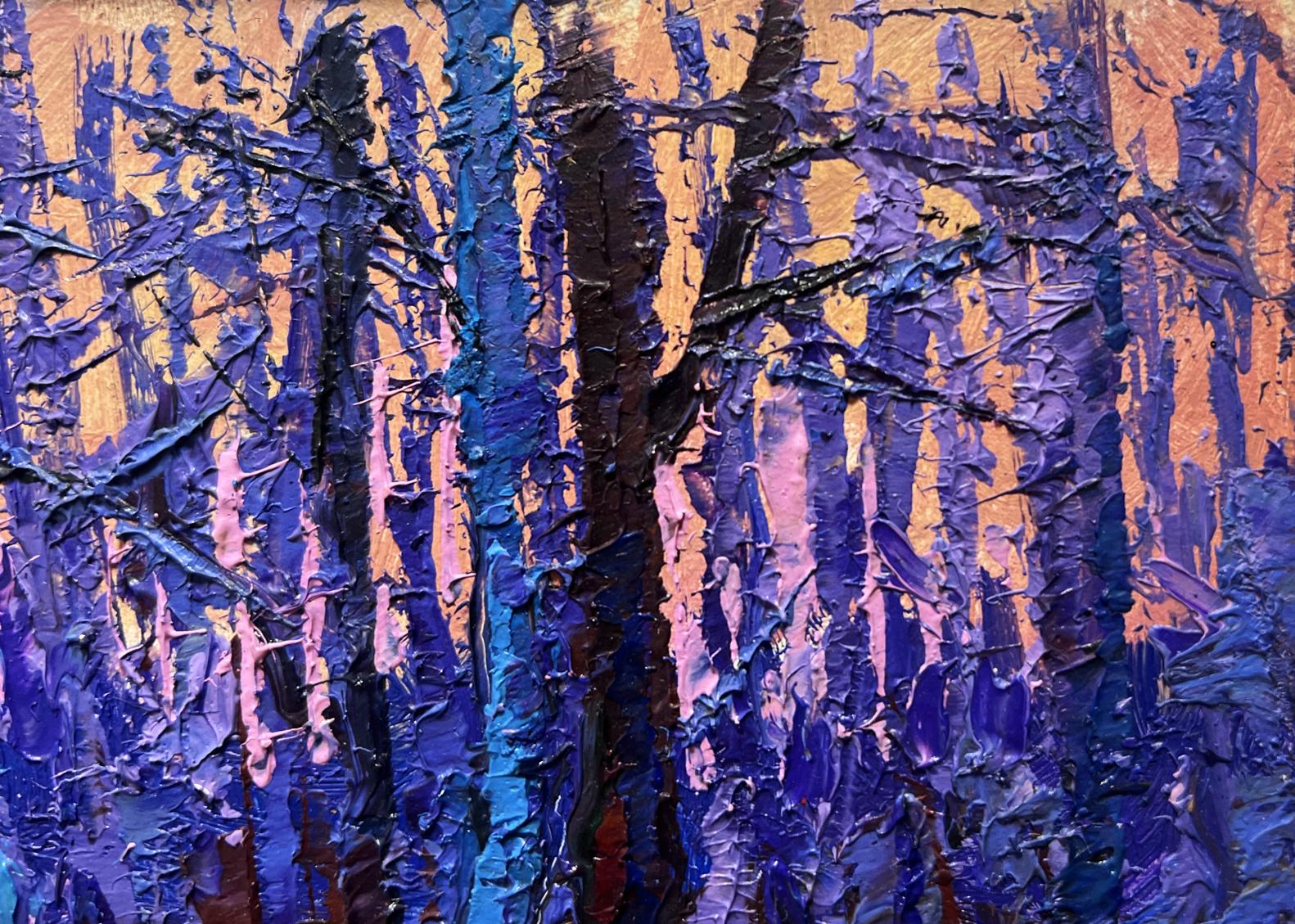 Oil painting Forest covered with frost by Oksana Ivanyuk, purple blue trees on orange