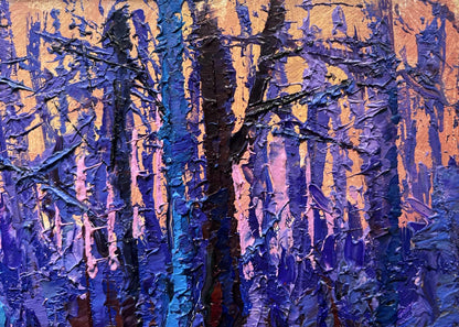 Oil painting Forest covered with frost by Oksana Ivanyuk, purple blue trees on orange