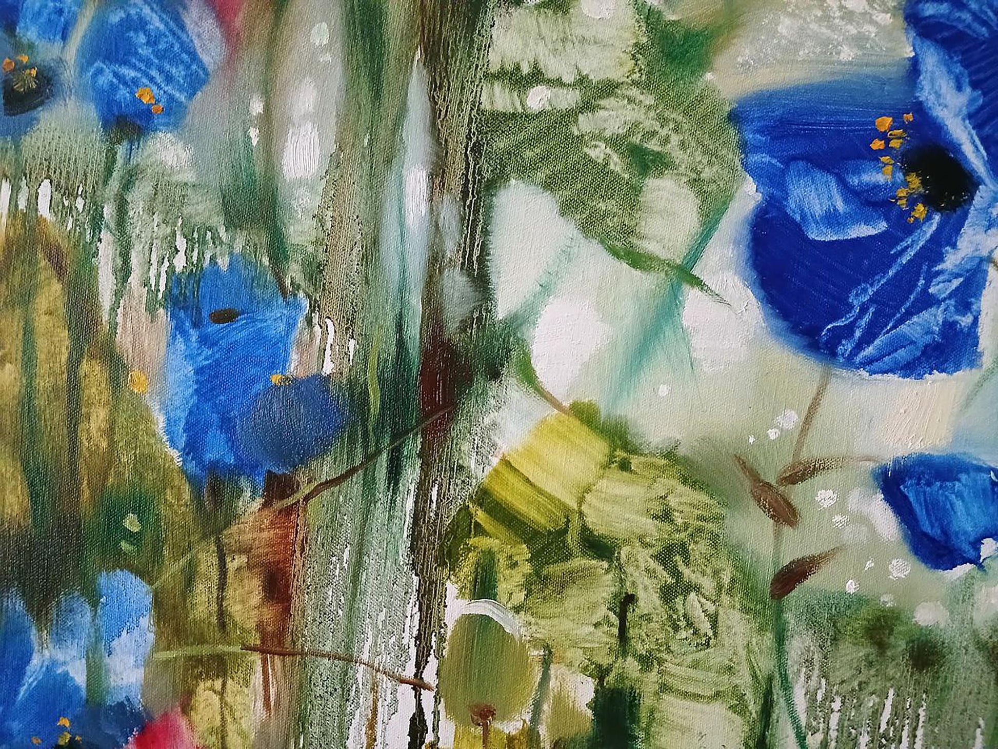 Vibrant blue poppies in Morning Dew abstract oil painting by Anatoly Tarabanov