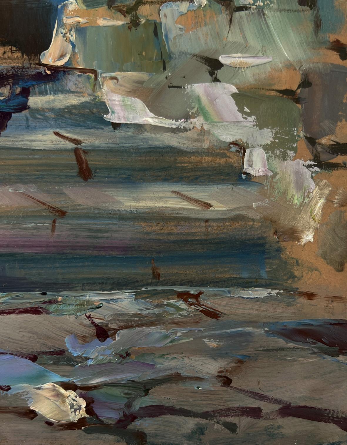 Abstract textured oil painting of couple walking city streets by Yuriy Suprunchuk