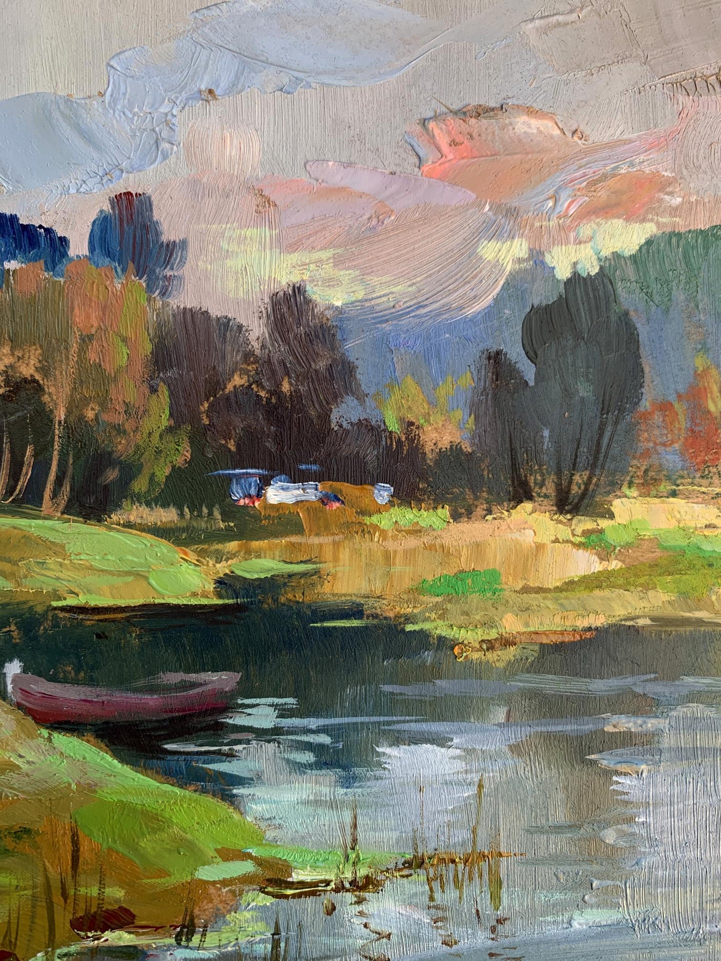 Textured impressionist painting of Yuriy Suprunchuk On the left bank of the river lakeside scene