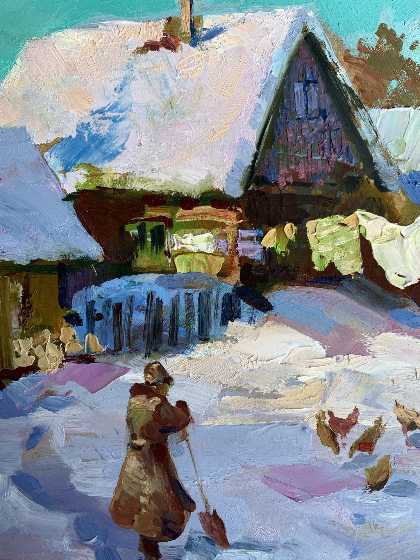 Snow-covered wooden house with steep roof by Yuriy Suprunchuk oil painting