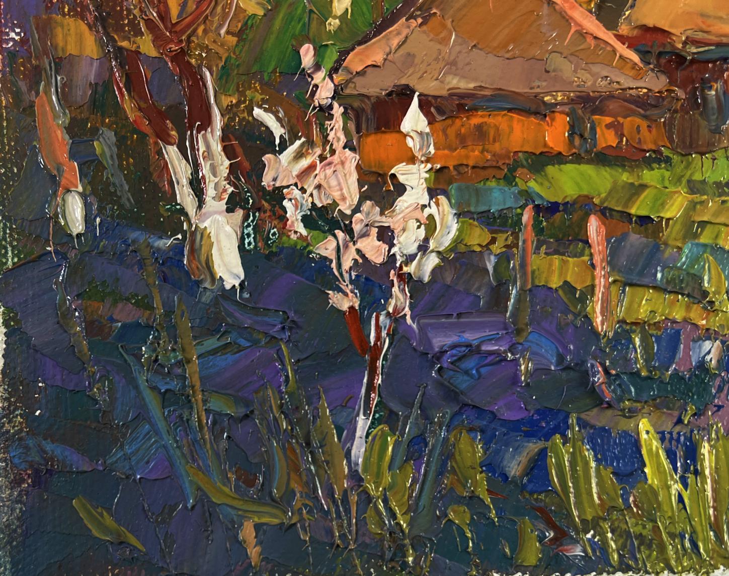 Vibrant impressionist oil painting of lush garden by Oksana Ivanyuk