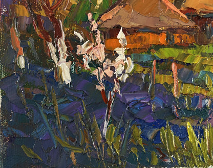Vibrant impressionist oil painting of lush garden by Oksana Ivanyuk