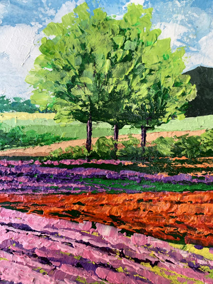 Vibrant impressionist oil painting of flower fields near mountains by V. Zadorozhnya