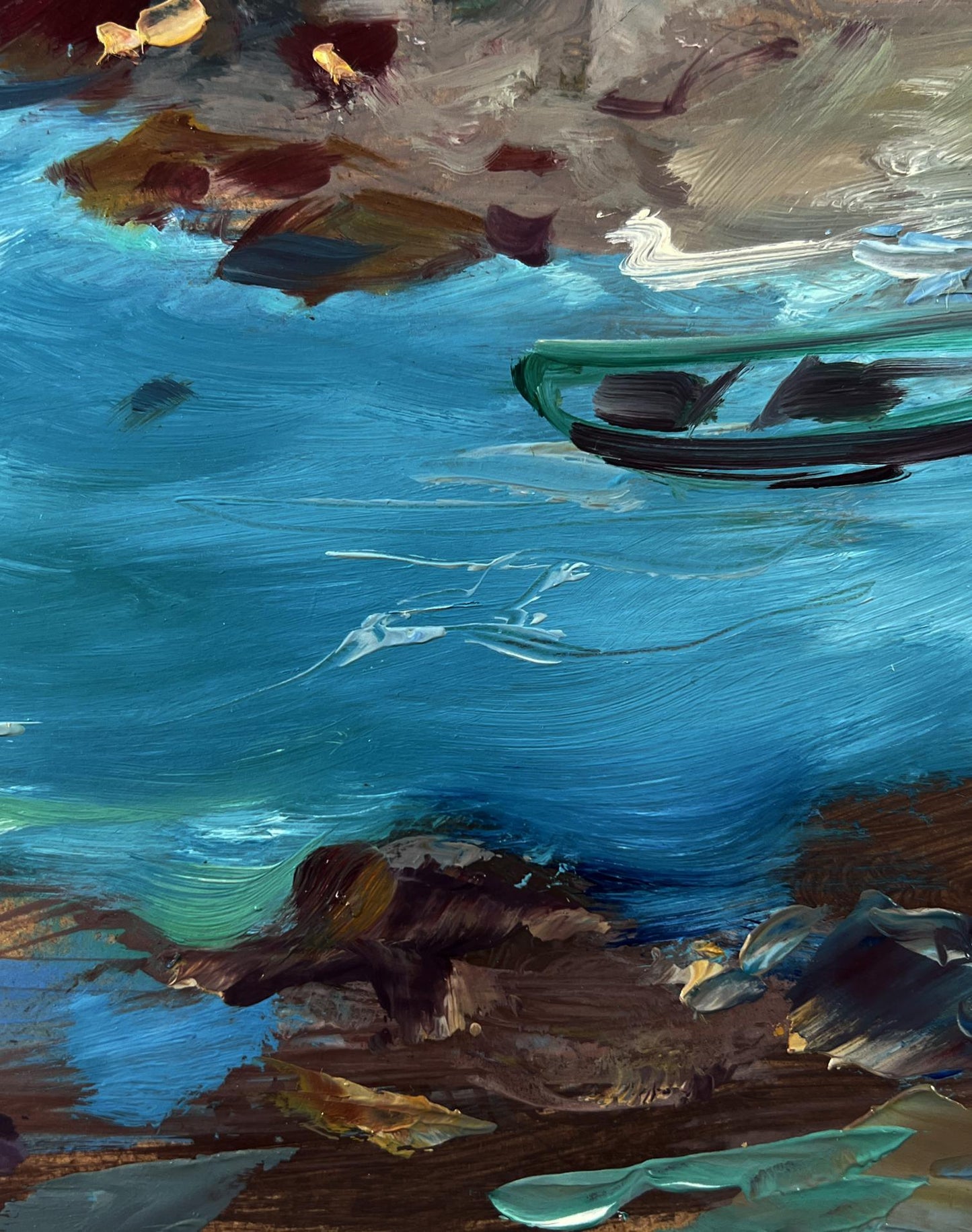 Teal-green boat on blue water in impressionistic Shore with a boat by Yuriy Suprunchuk oil painting