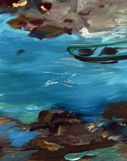 Teal-green boat on blue water in impressionistic Shore with a boat by Yuriy Suprunchuk oil painting