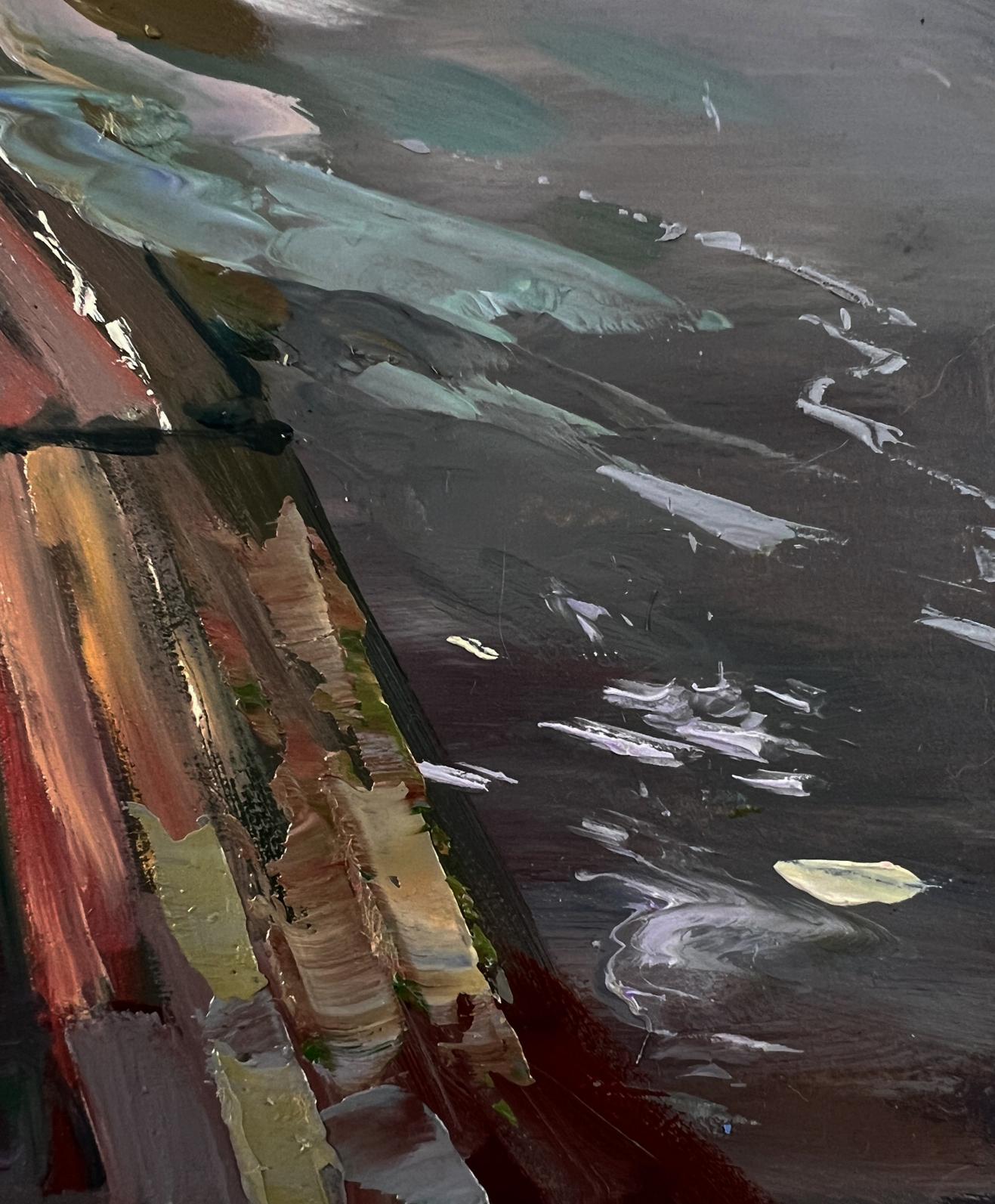 Oil painting Girl on the river bridge by Yuriy Suprunchuk with bold textured strokes