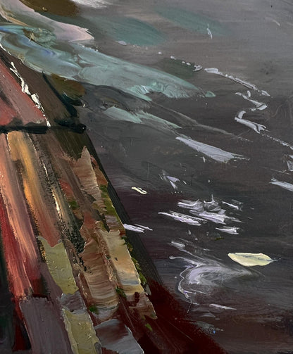 Oil painting Girl on the river bridge by Yuriy Suprunchuk with bold textured strokes