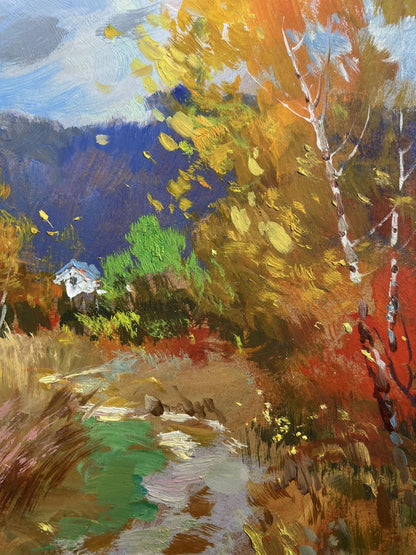 Oil painting Steps on an autumn meadow by Yuriy Suprunchuk with golden leaves
