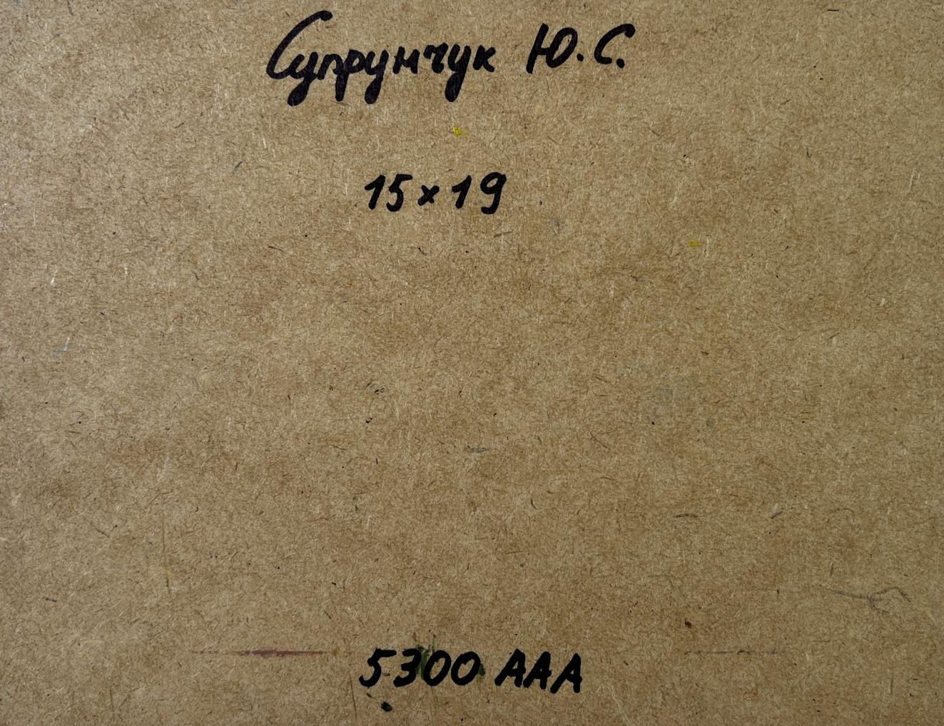 Back of Yuriy Suprunchuk Evening moment oil painting with Cyrillic text and measurements on brown cardboard