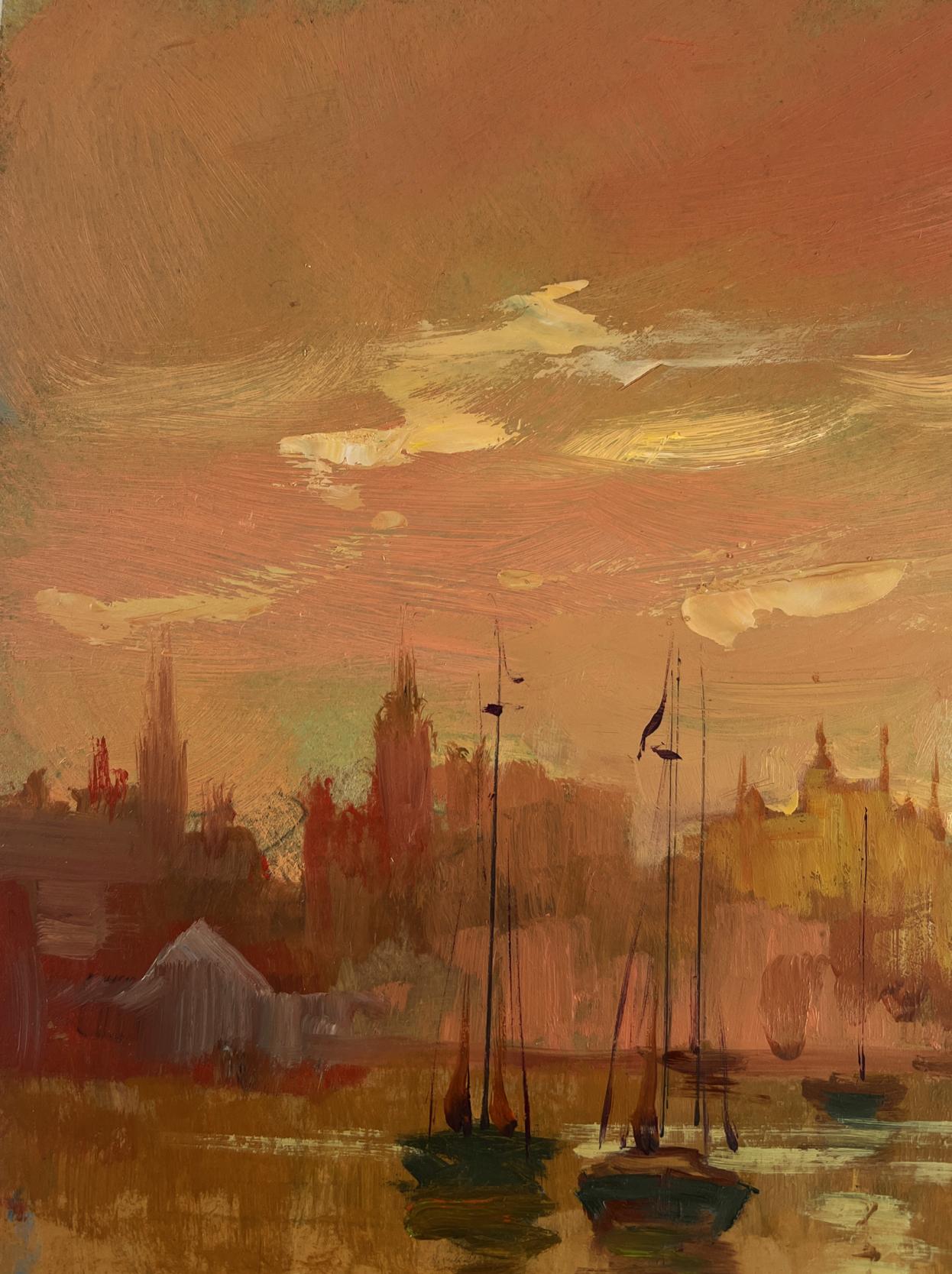 Warm-toned impressionist oil painting of Venice sailboats at romantic sunset by Yuriy Suprunchuk