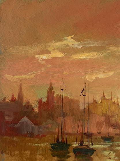 Warm-toned impressionist oil painting of Venice sailboats at romantic sunset by Yuriy Suprunchuk