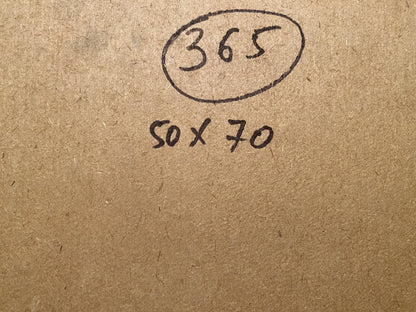 Back of Oil painting Glade by Georgy Kolosovsky on brown cardboard with handwritten markings