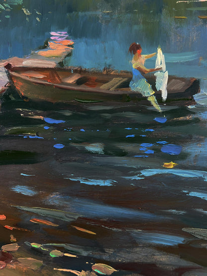 Oil painting by Yuriy Suprunchuk: woman in light blue dress with white laundry in wooden rowboat