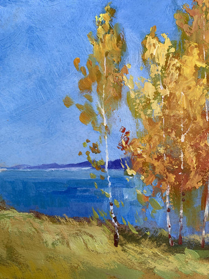 Vibrant oil painting Early autumn morning by Yuriy Suprunchuk, birch trees